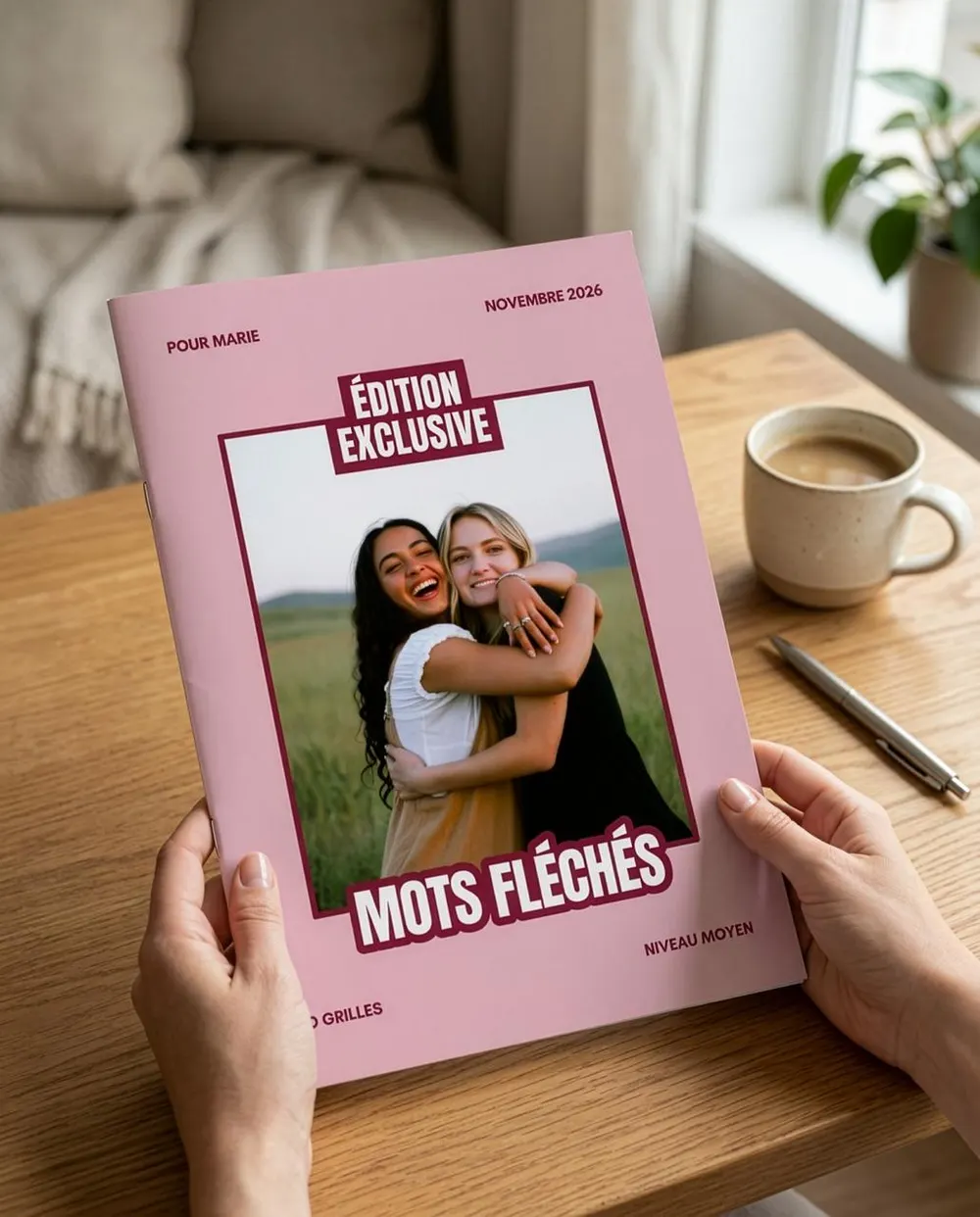 Magazine de mots fléchés tenu à deux mains au-dessus d'une table en bois, avec une tasse de café et un stylo