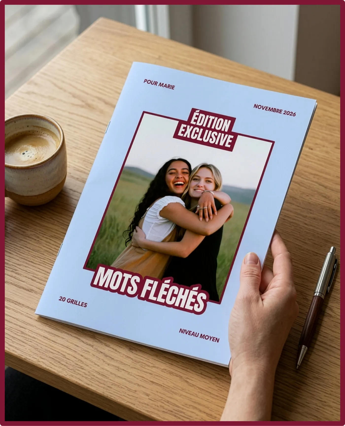 Magazine de mots fléchés personnalisé « Pour Marie », tenu à la main sur une table en bois, avec une tasse de café et un stylo